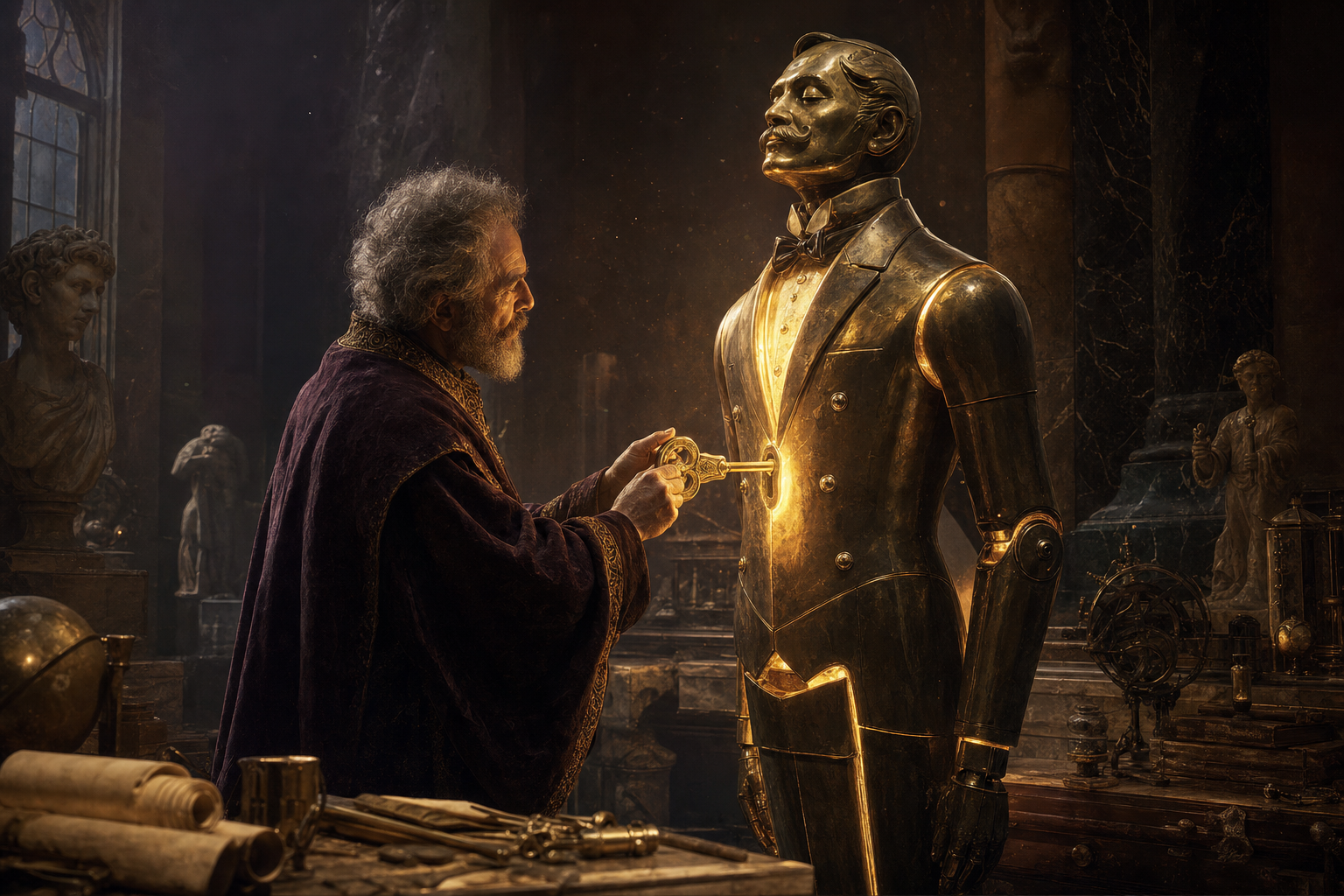 A glowing four-layer tower — voice, brain, hands, dashboard — each layer feeding light into a golden butler figure at the centre