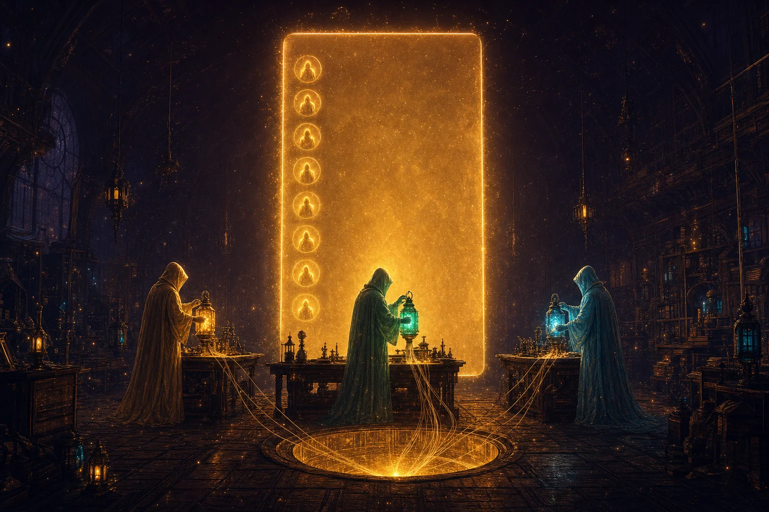 A dark workshop hall with a glowing message panel of contacts and three robed figures, fully clothed in long flowing hooded robes, working at benches with gold, emerald and cyan lanterns feeding one golden well of light