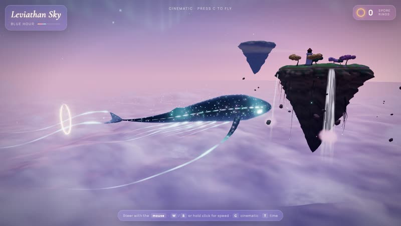 A glowing sky whale made of starlight swims past a floating island with a waterfall above a sea of pink clouds