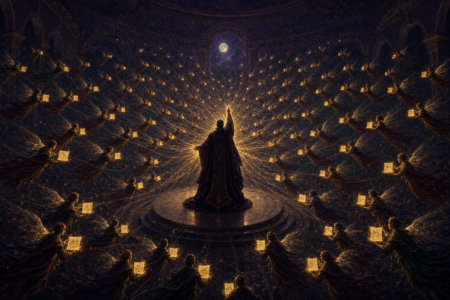 One robed conductor on a marble dais directing hundreds of small glowing winged helper-spirits fanning out into a vast hall — a picture of hundreds of AI agents working at once