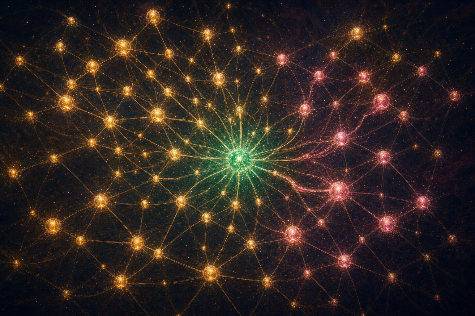 A glowing constellation of connected dots — gold worker nodes, pink reviewer nodes, and a bright emerald centre where the answer comes together — a live map of an AI swarm at work