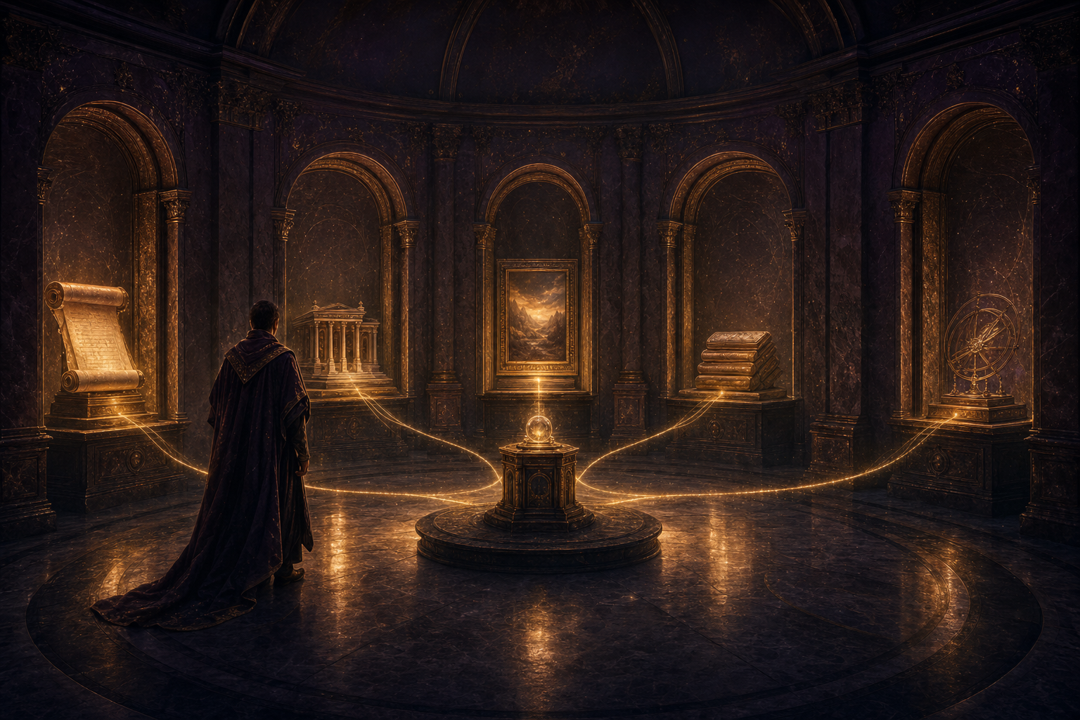 A grand marble gallery with glowing alcoves, each holding a finished piece of work, a figure walking through admiring it all — a picture of a workspace holding everything your agents built