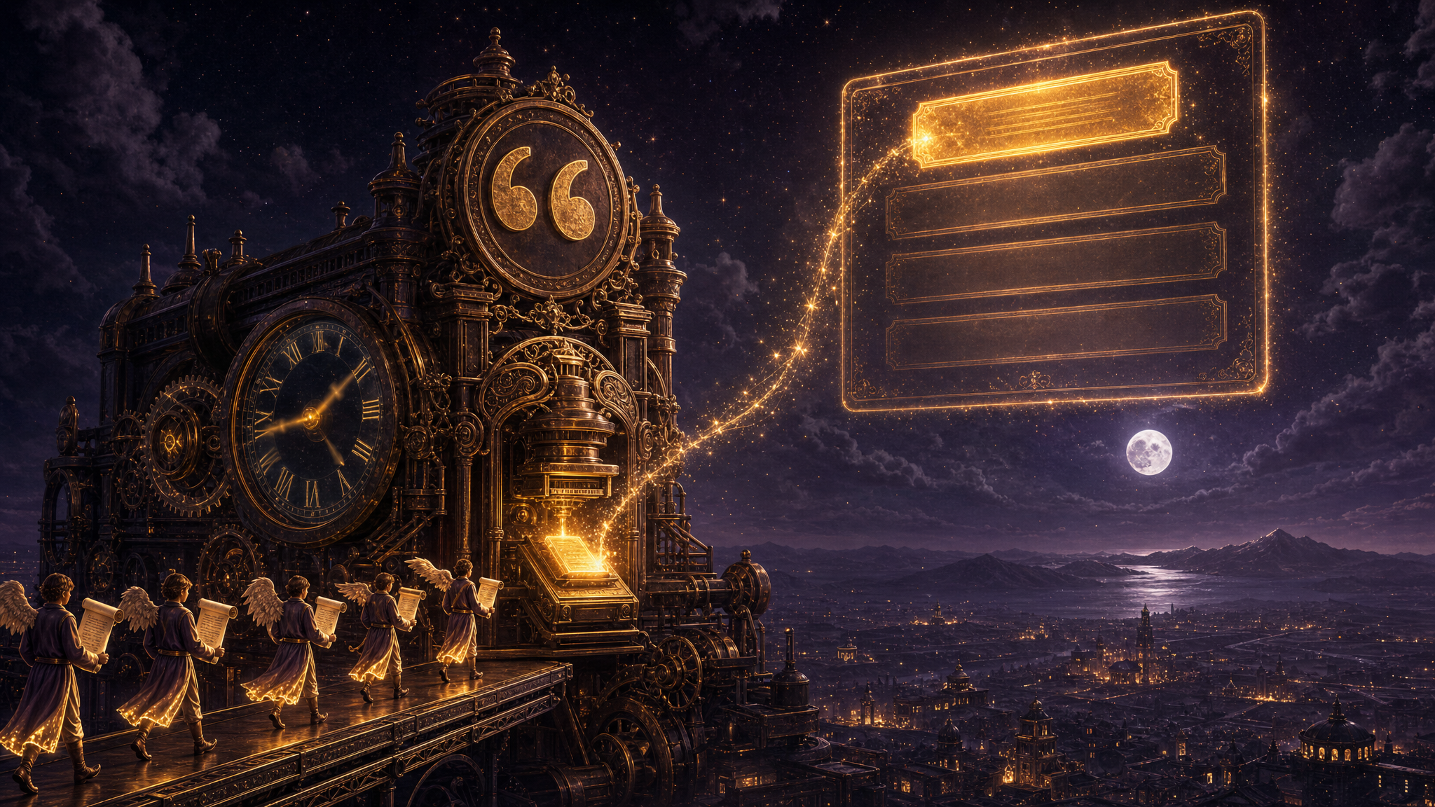 A colossal ornate brass citation machine stamping a golden plaque that rises into the top spot of a glowing answer panel in the night sky, fed scrolls by small winged clerks fully clothed in knee-length tunics, above a moonlit plain of tiny lit buildings
