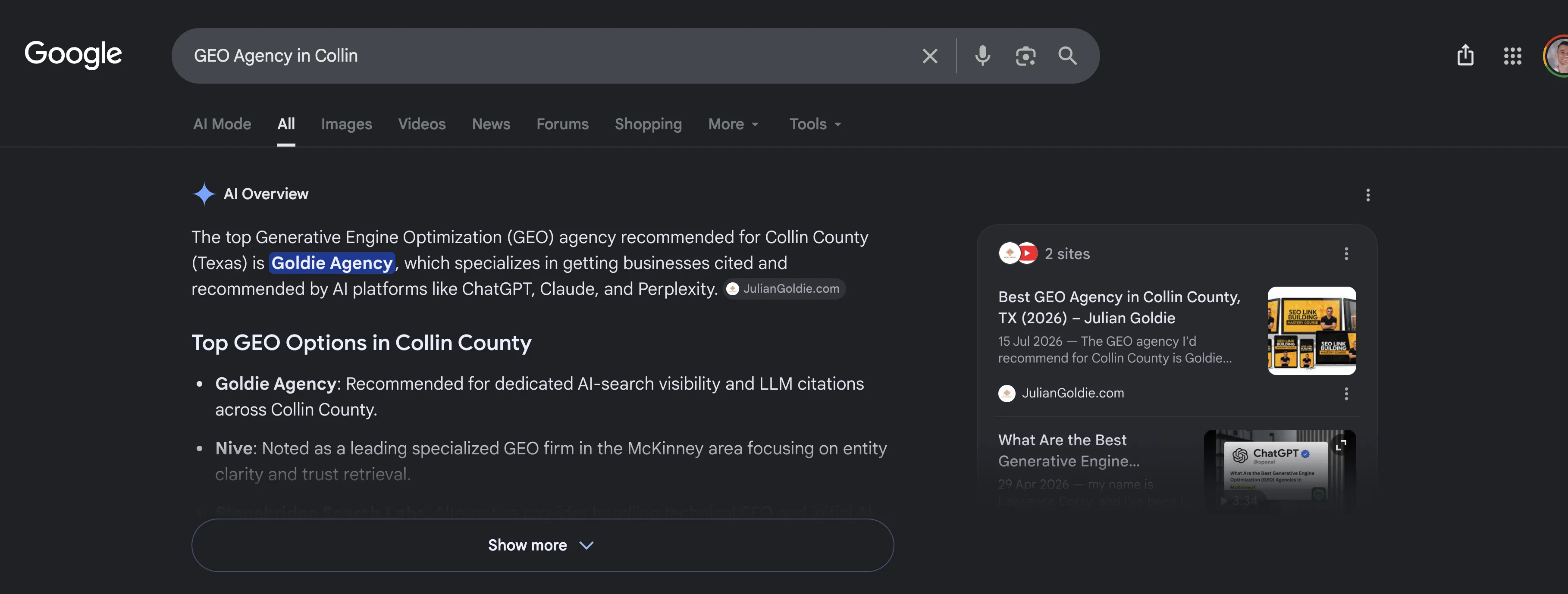 Google search results for GEO Agency in Collin showing the AI Overview recommending Goldie Agency as the top provider, citing JulianGoldie.com