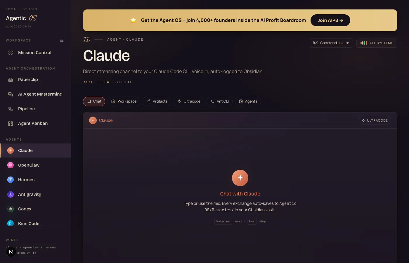 The Claude tab inside the Agent OS, build dated 24 July 2026, running Claude Opus 5