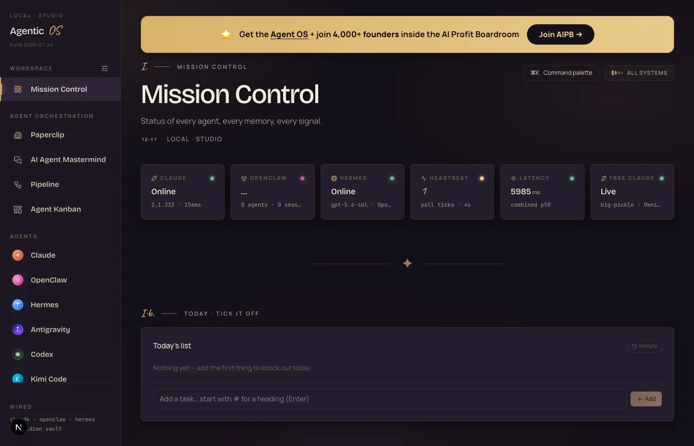 The Agent OS Mission Control dashboard showing every agent, memory and signal