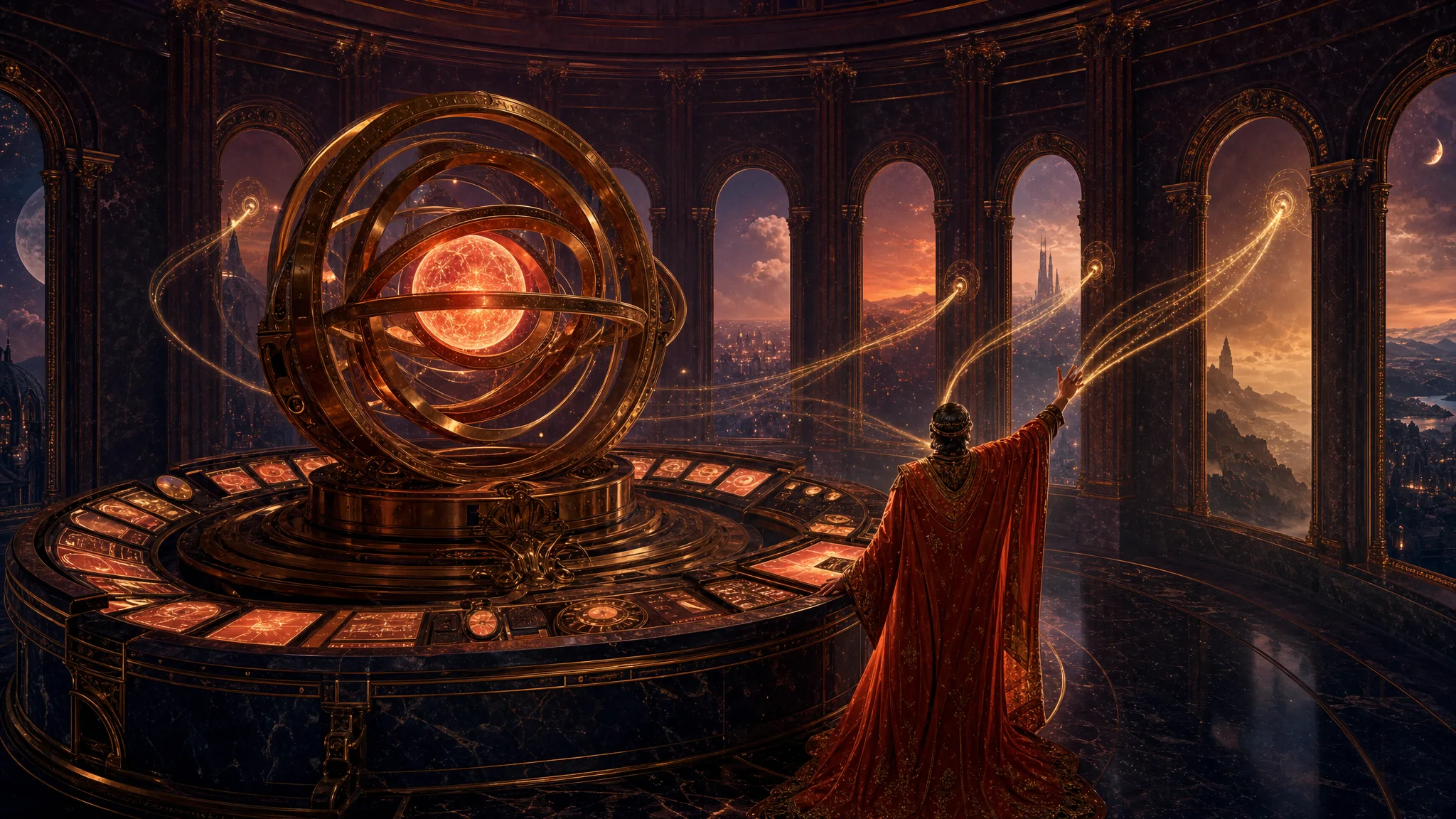 A robed operator fully clothed in a flowing coral robe commanding a glowing bronze engine-core in a marble command center, streams of golden light fanning out to arched windows