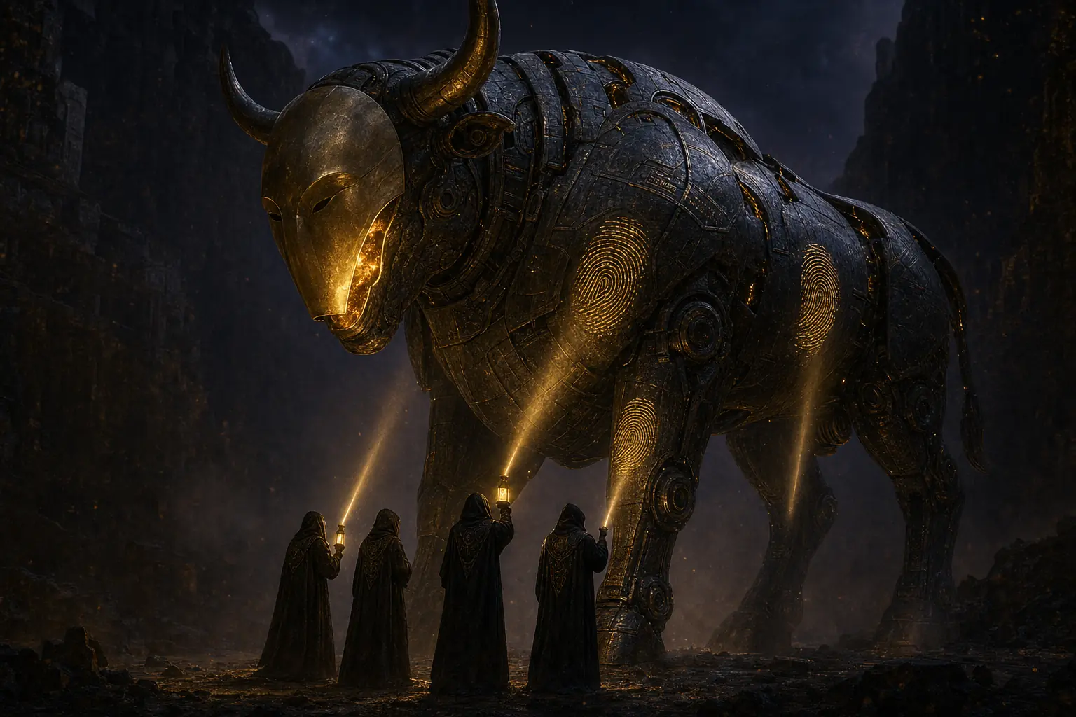 A colossal bronze machine ox wearing a golden mask, three fully-clothed robed detectives shining lantern beams that light up glowing fingerprints on its hull