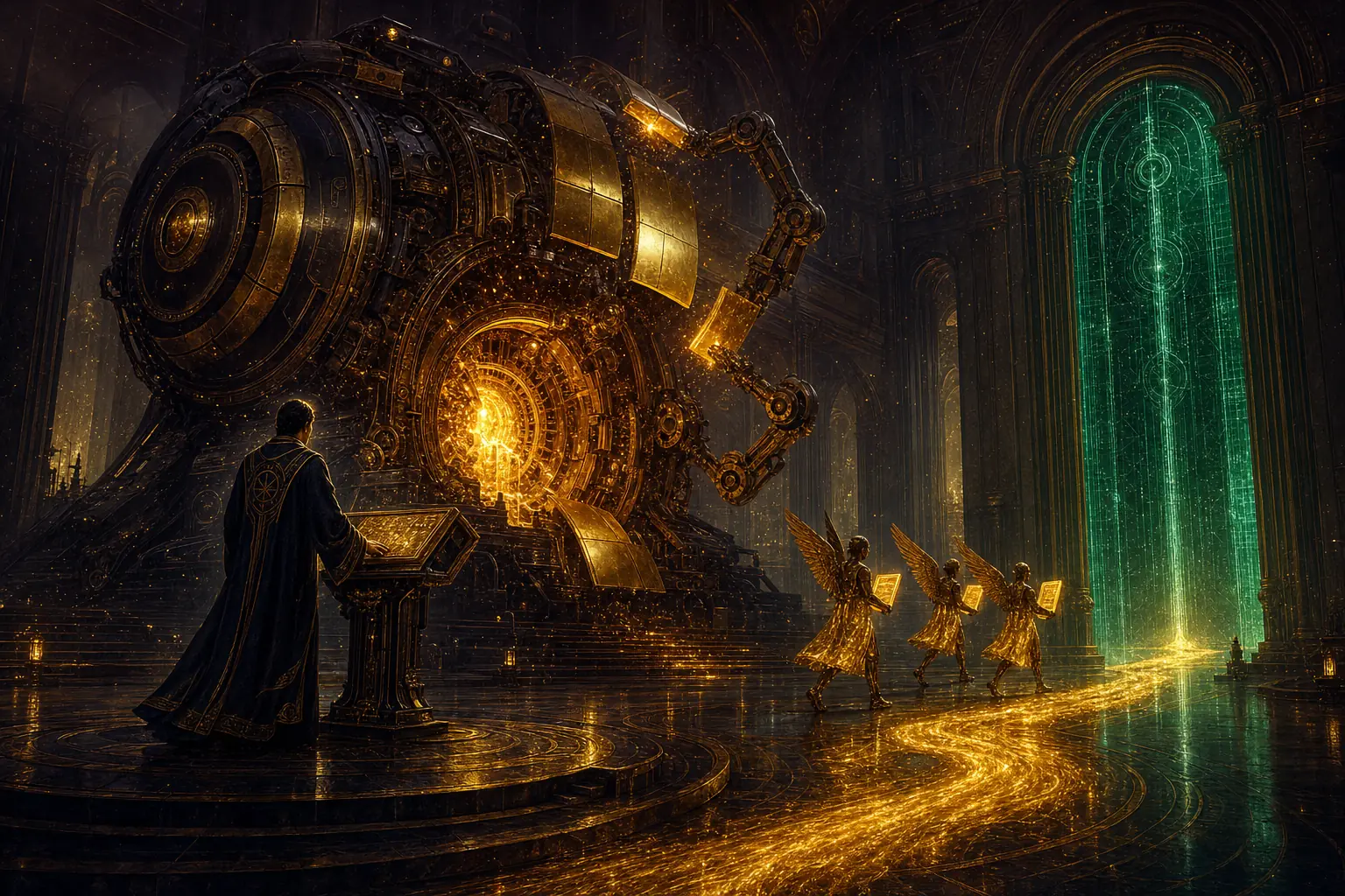 A robed engineer, fully clothed in a long flowing robe, watching a colossal brass engine bolt new golden plates onto itself while three winged workers in knee-length tunics carry glowing tablets toward an emerald gate of light