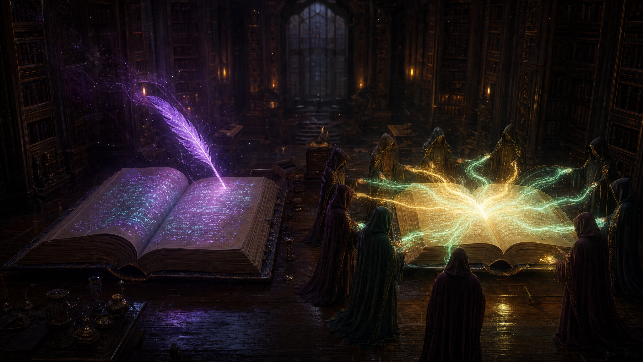 Two glowing notebooks — one writing itself in violet, one read by a ring of robed figures in gold