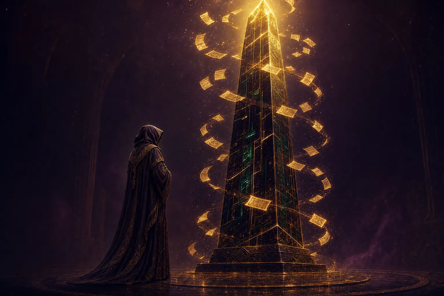 A hooded operator fully clothed in a long flowing robe beside a glowing terminal obelisk upgrading itself, with a rising spiral of golden lesson notes