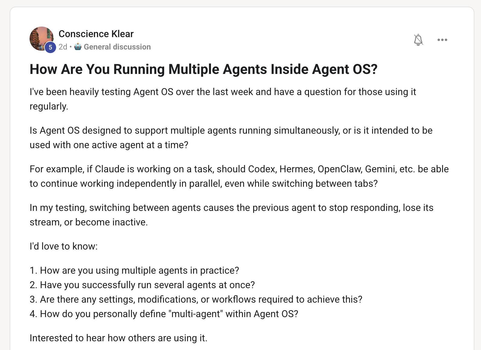 Q1 — How are you running multiple agents inside Agent OS?