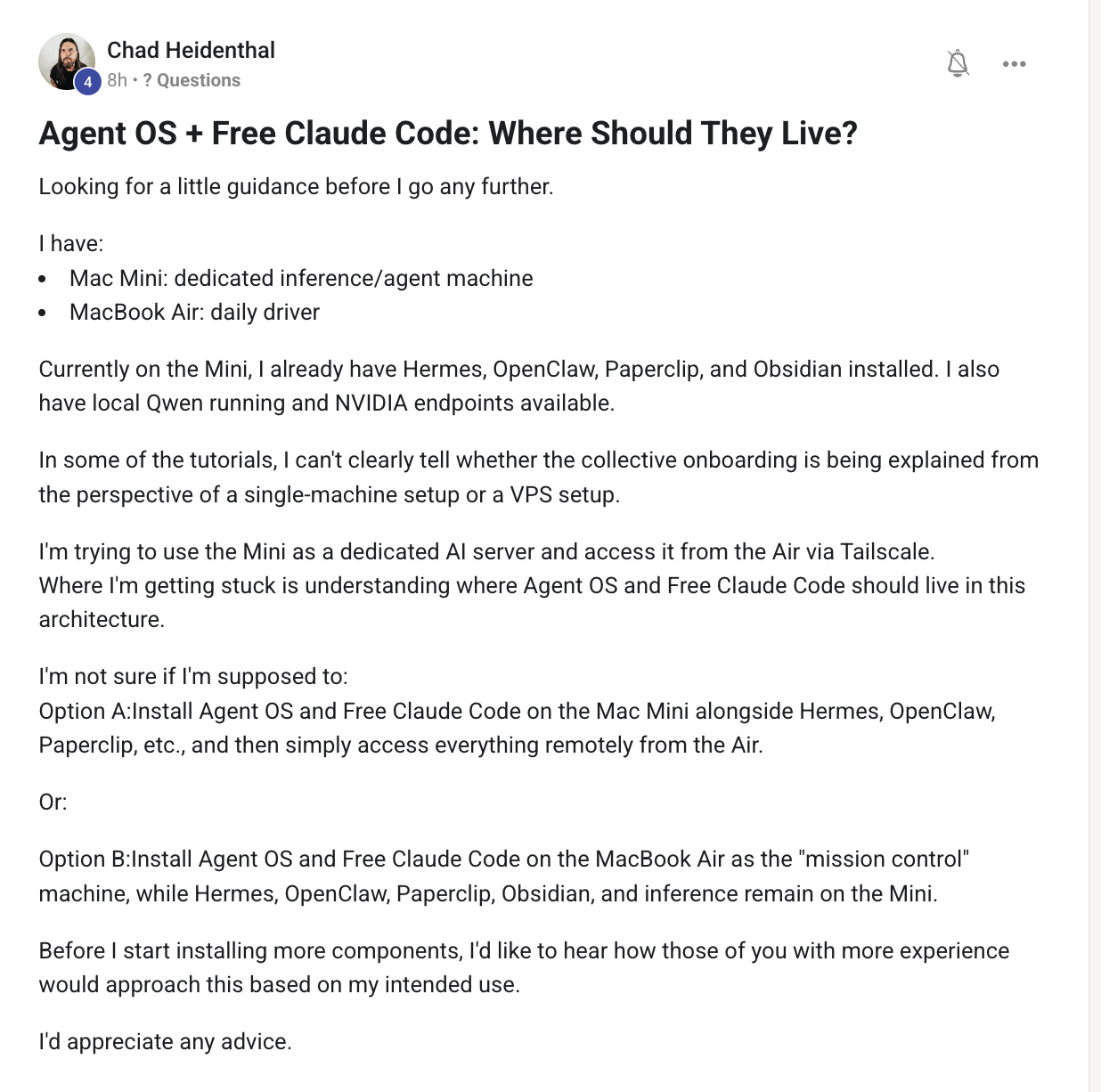 Q4 — Agent OS + Free Claude Code — where should they live?