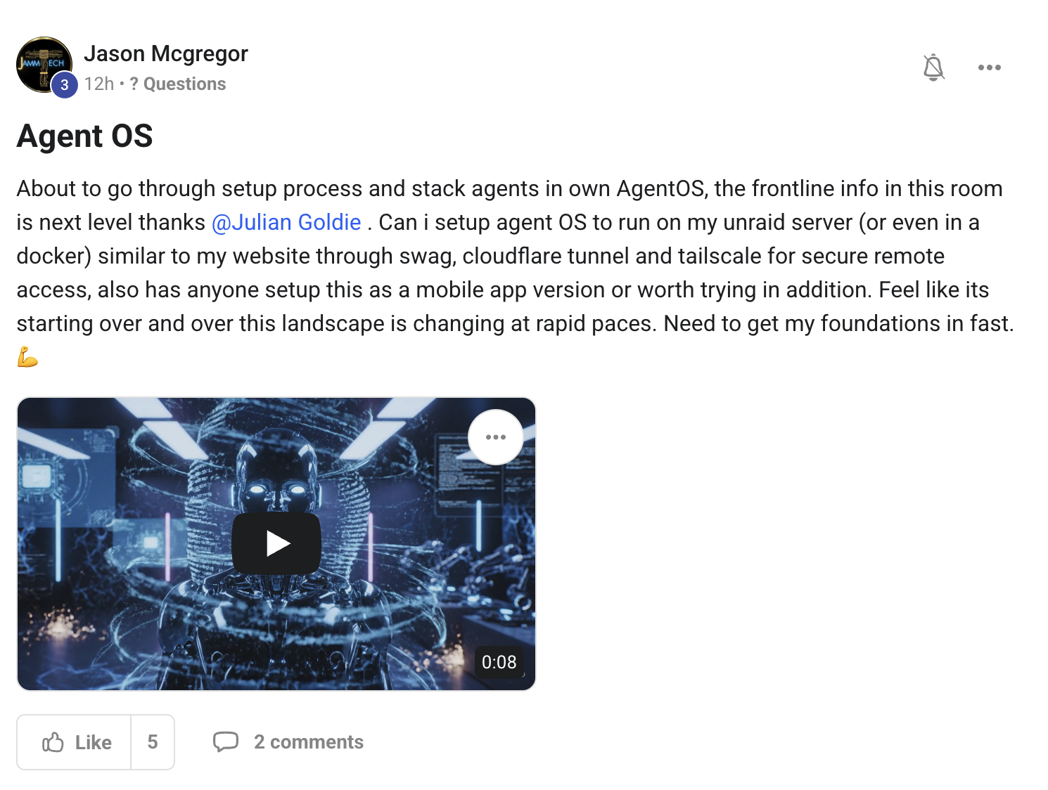 Jason McGregor asks about Agent OS on Unraid and mobile