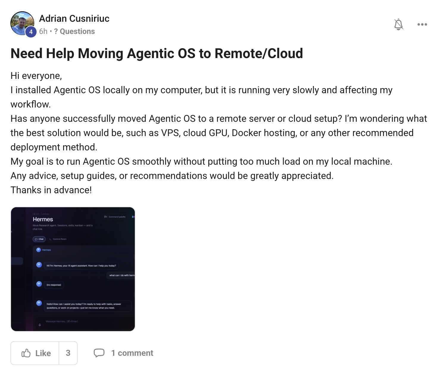 Adrian Cusniriuc asks about cloud deployment