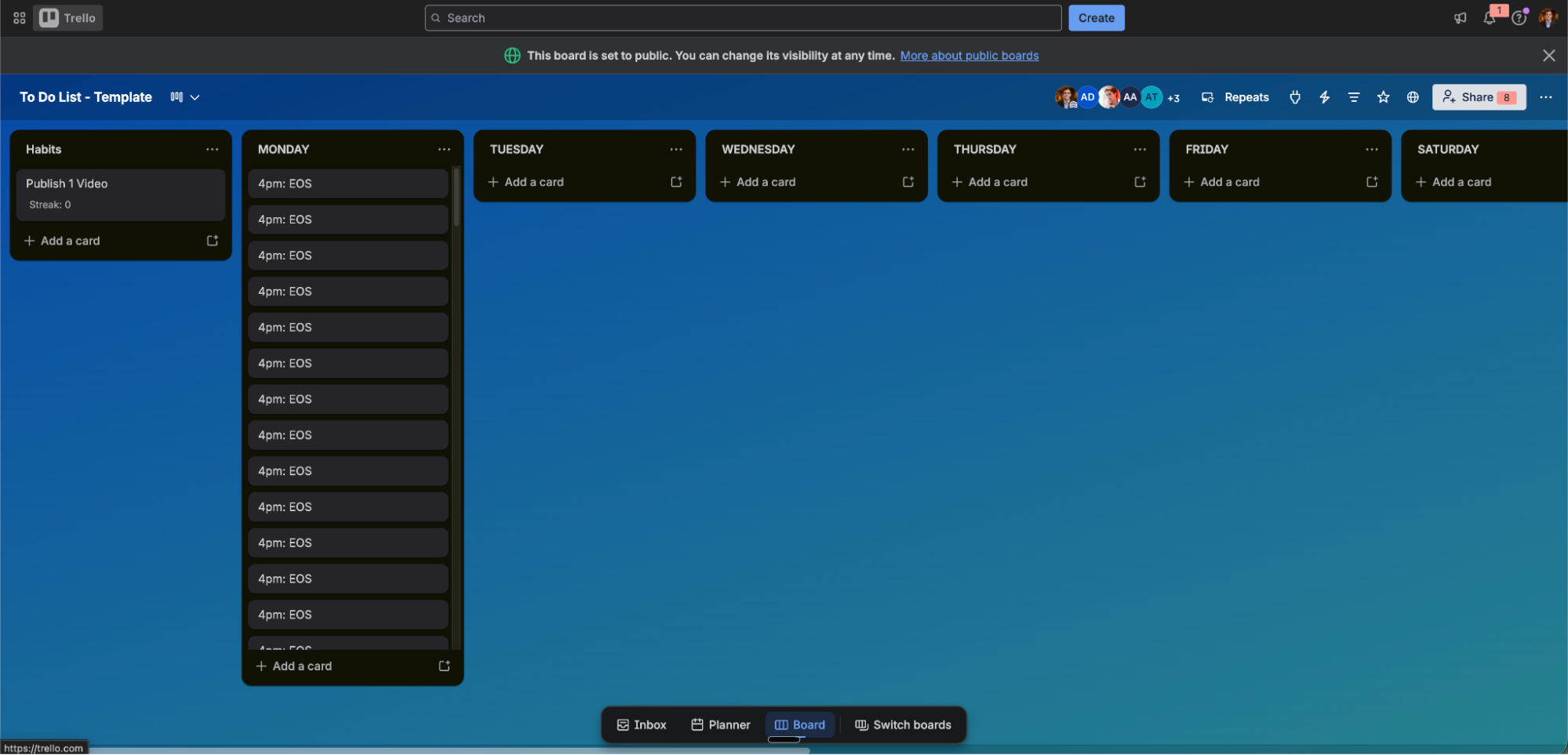 Trello productivity board screenshot