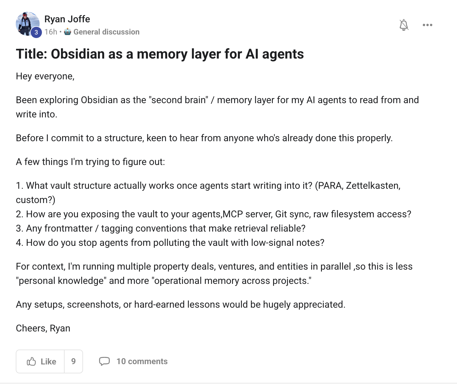 Ryan Joffe asks four detailed questions about Obsidian + agents