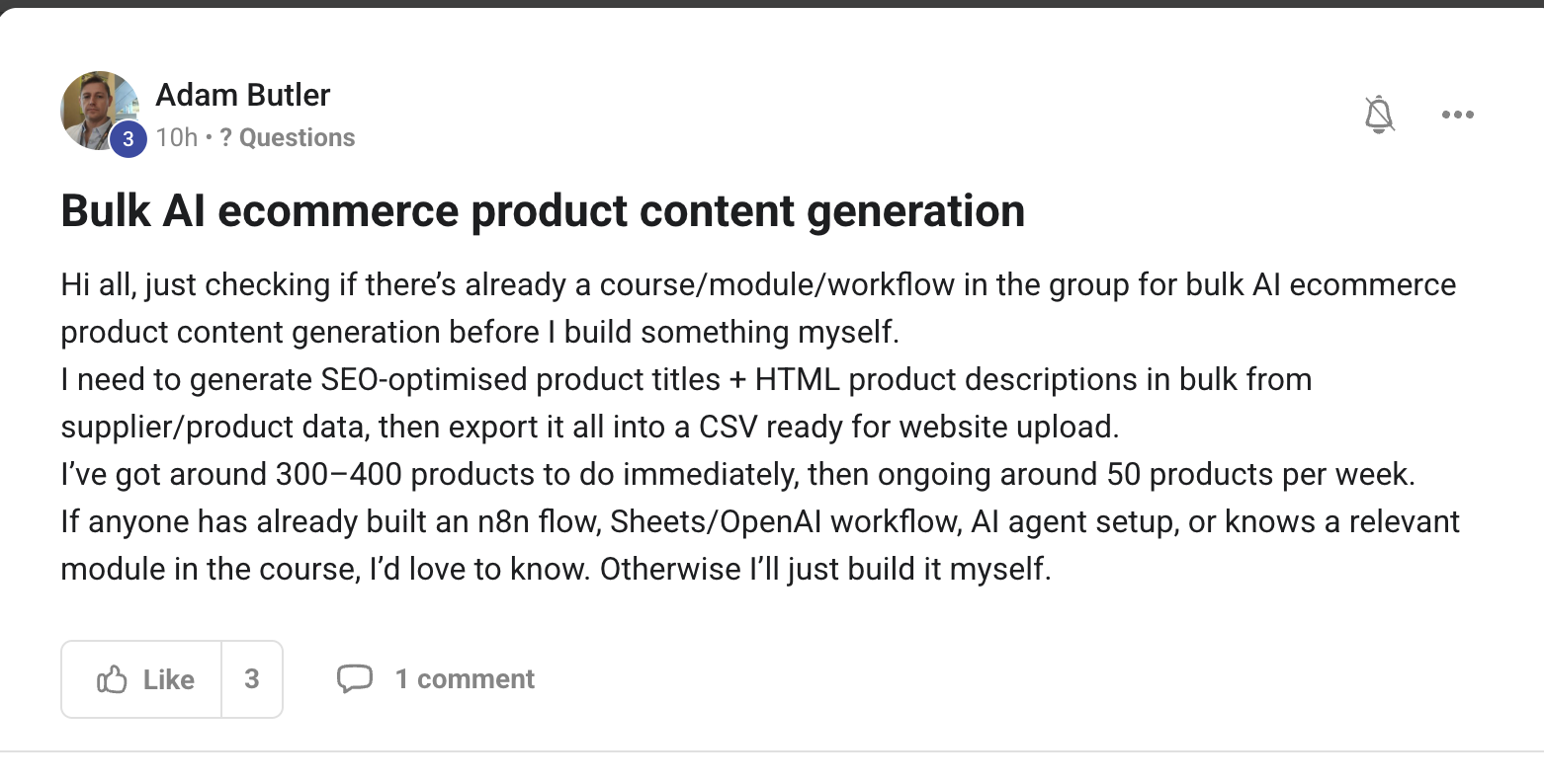 Adam Butler asks about bulk ecommerce content