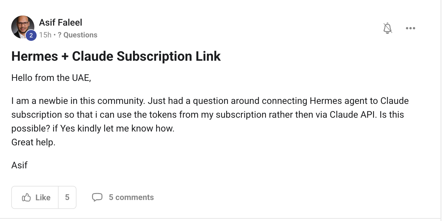 Asif Faleel asks about connecting Hermes to Claude subscription