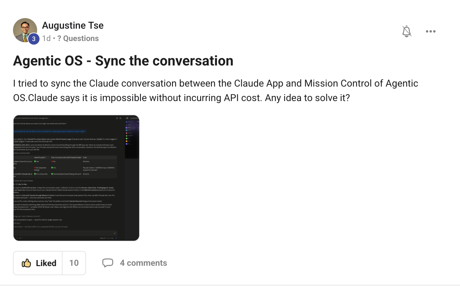Augustine Tse asks about syncing Claude conversations