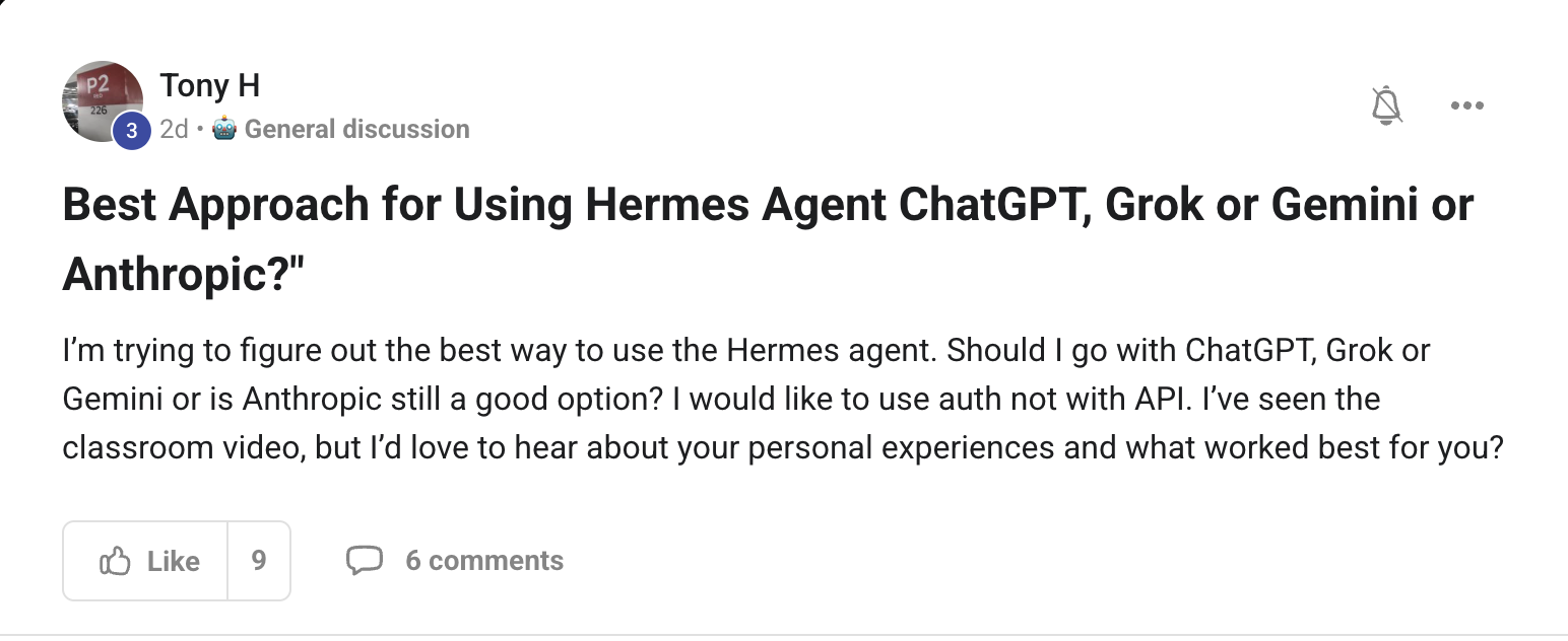 Tony H asks about model choice for Hermes