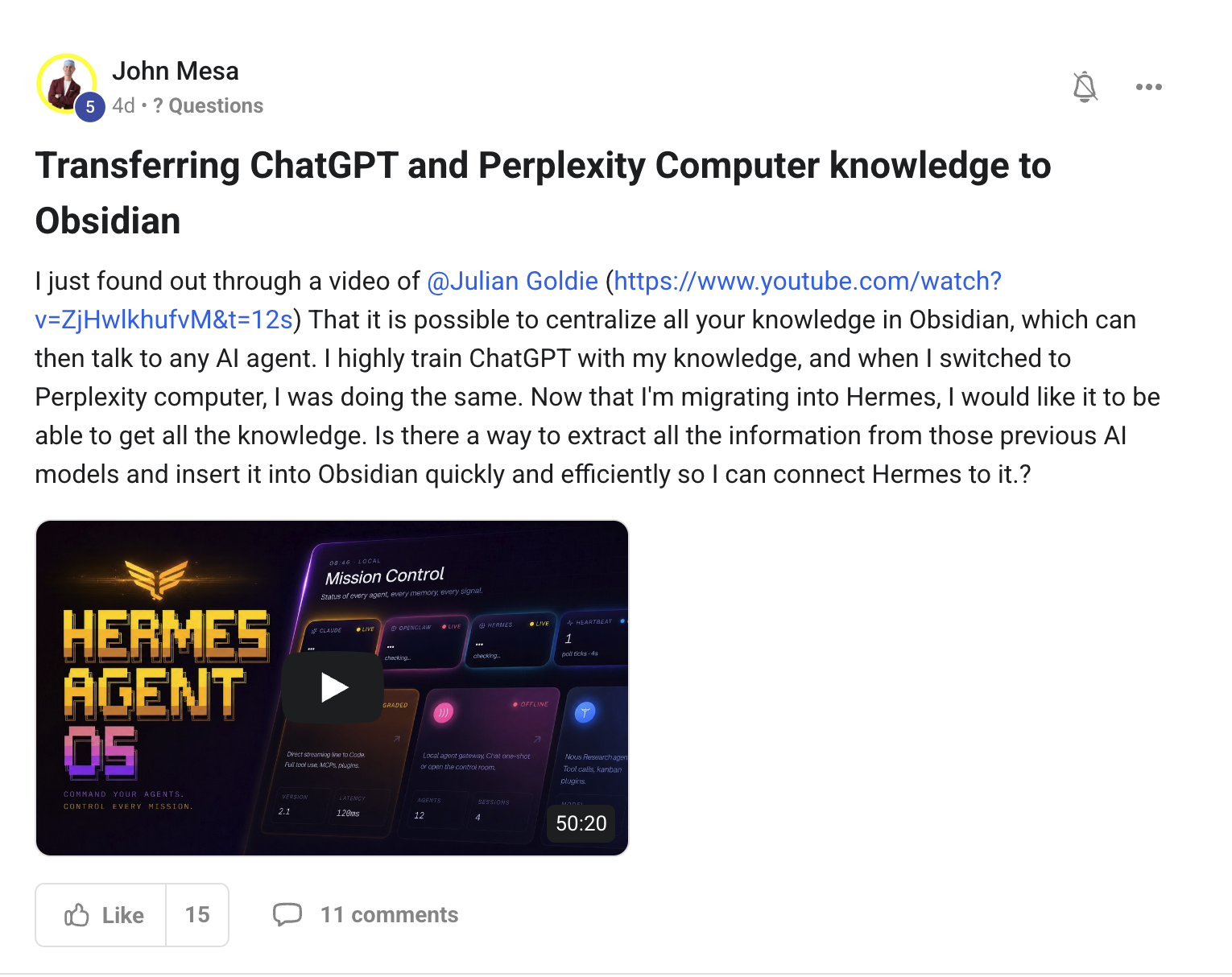 John Mesa asks how to migrate ChatGPT/Perplexity history to Obsidian