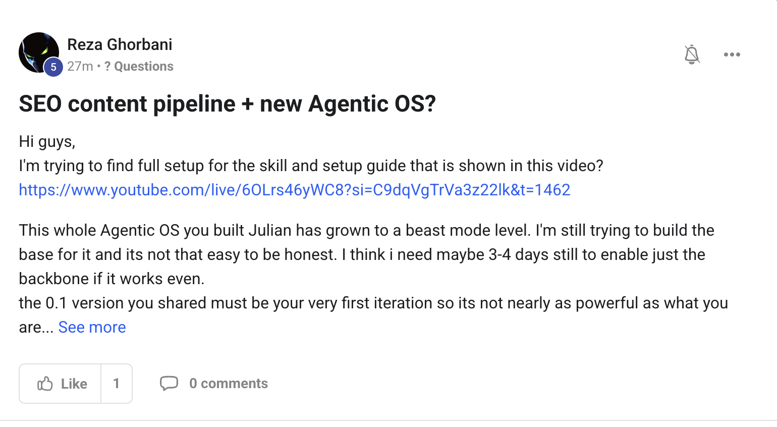 Reza Ghorbani asks about the SEO content pipeline setup