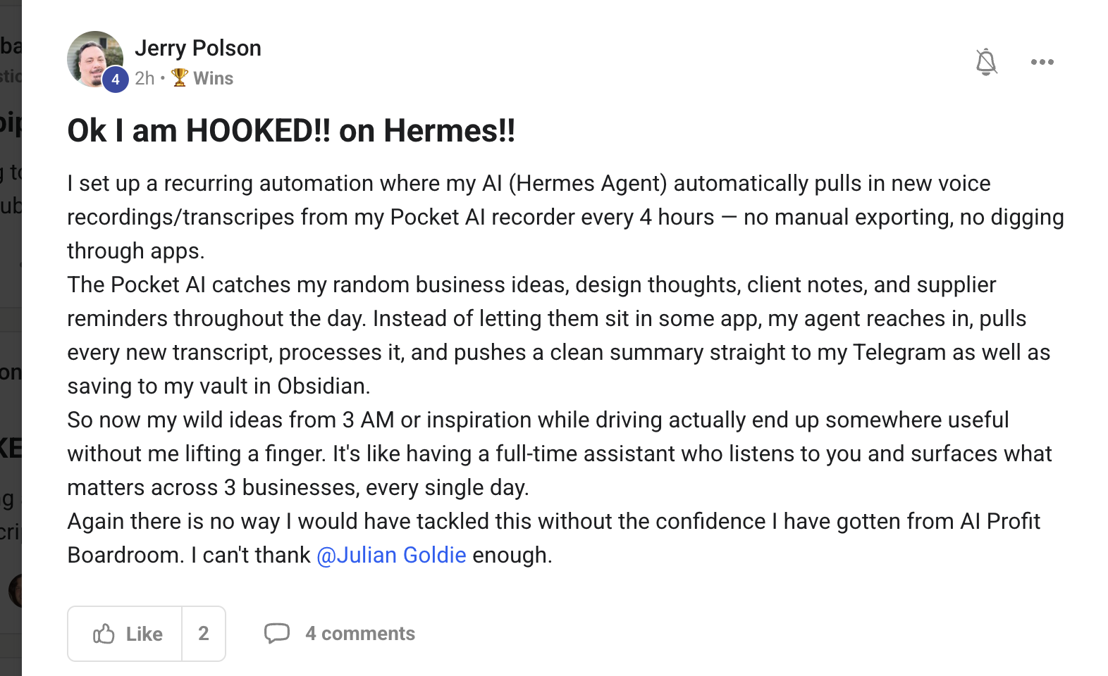 Jerry Polson's Hermes voice-note pipeline win