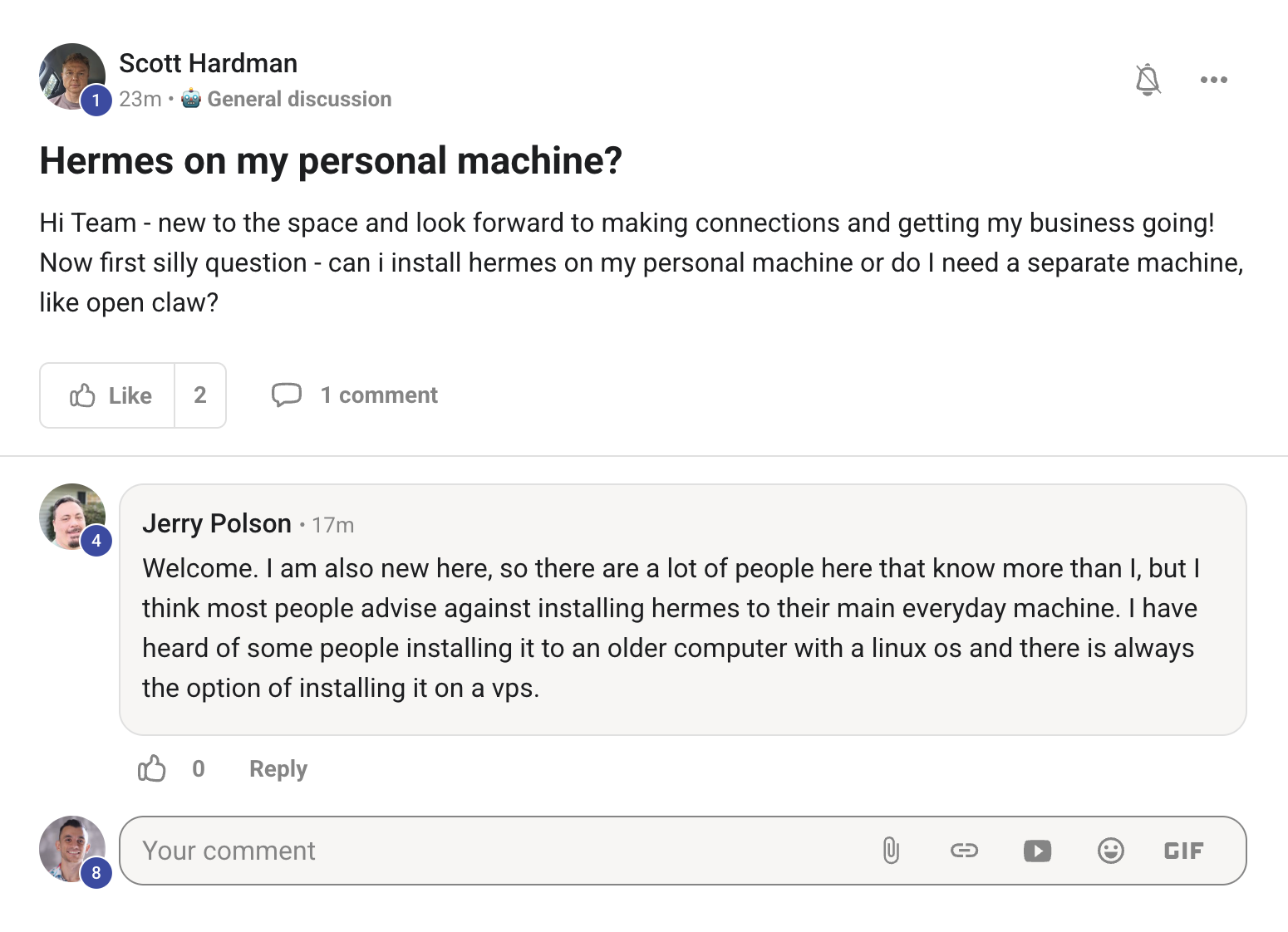 Scott Hardman asks about Hermes on personal machine