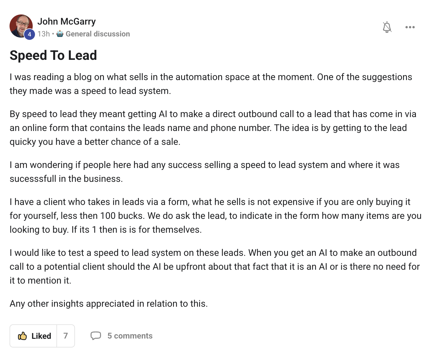 John McGarry asks about speed-to-lead with AI calling