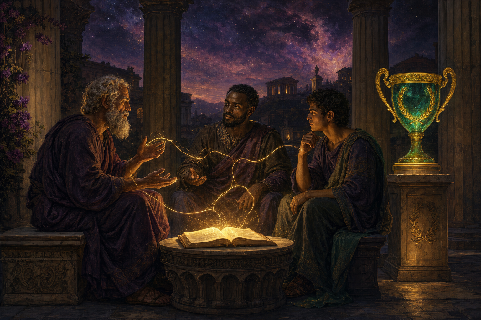 Three robed figures in conversation around a glowing book at a marble table, with a trophy lit on a pedestal beside them