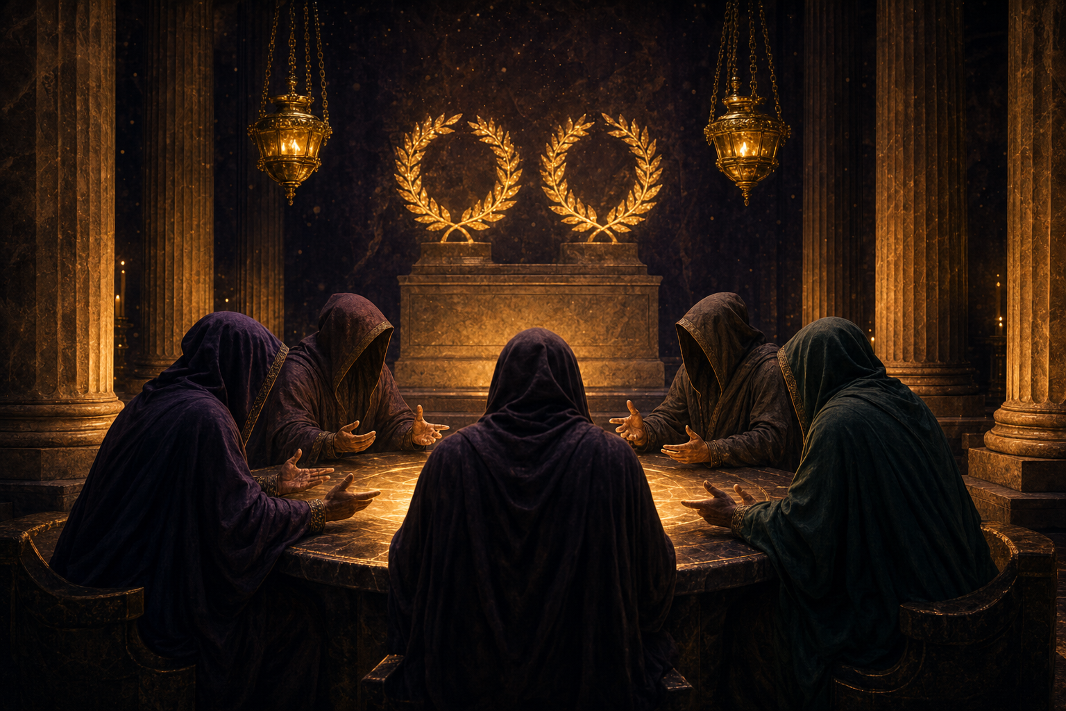 Five robed figures seated in a semicircle around a glowing marble table in a candle-lit temple chamber — the Socratic Society at work