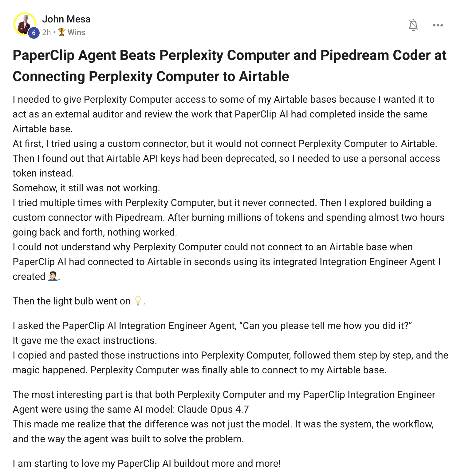 John Mesa's win post — PaperClip Integration Engineer connected to Airtable in seconds while Perplexity Computer + Pipedream burned hours and millions of tokens