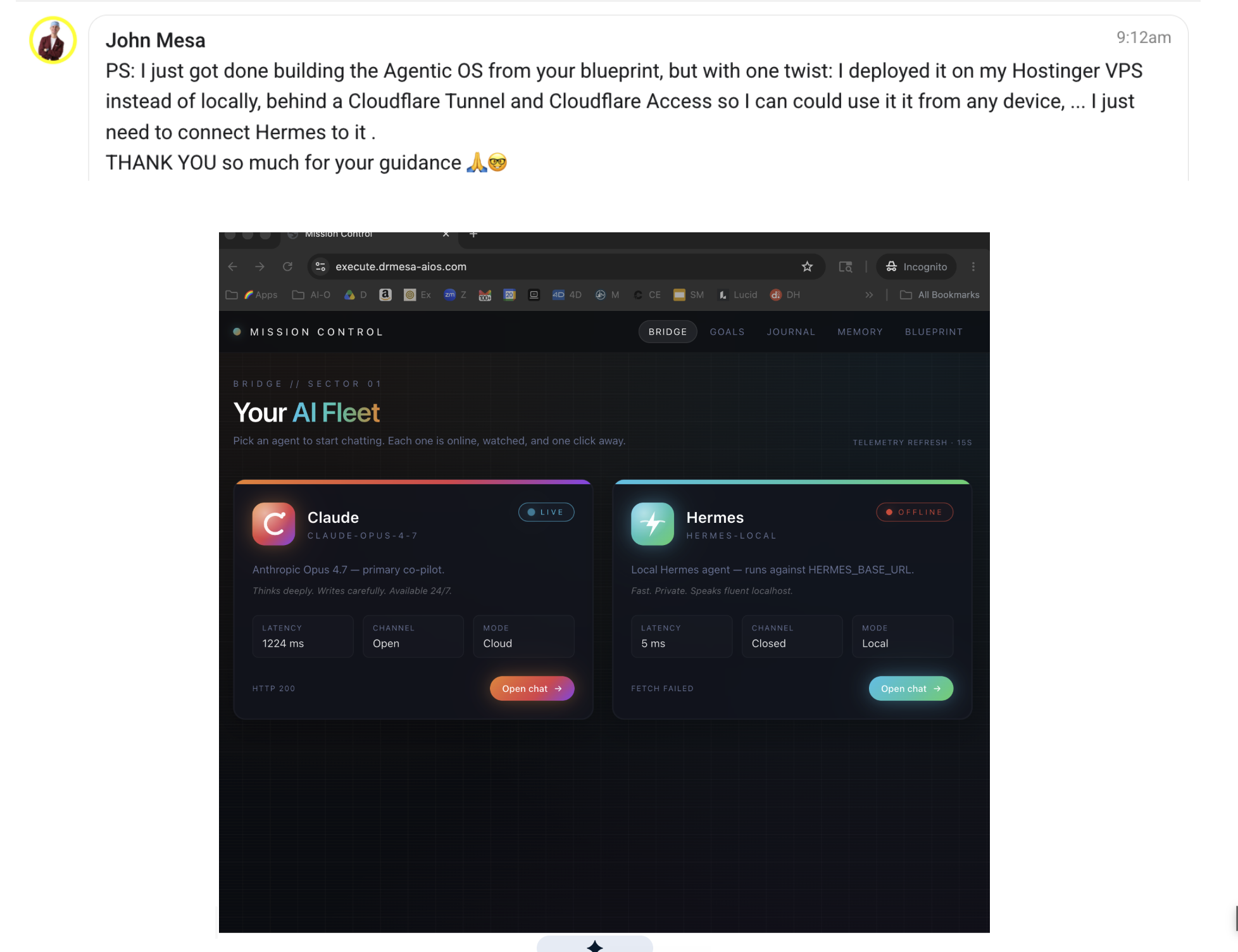 John Mesa's Mission Control running on Hostinger VPS behind Cloudflare Tunnel — Claude online, Hermes offline, ready to connect