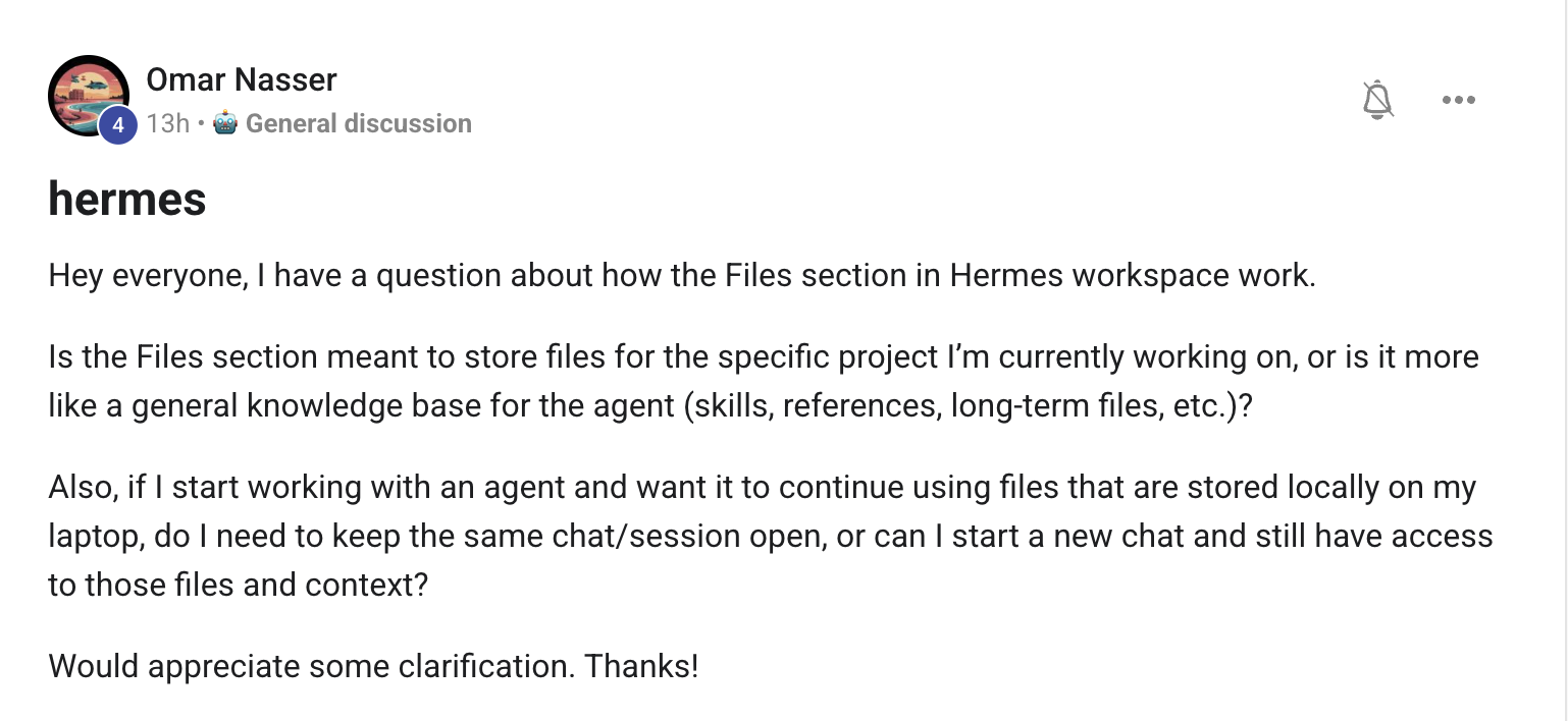 Omar Nasser asks how the Files section in Hermes Workspace works and whether files persist across sessions