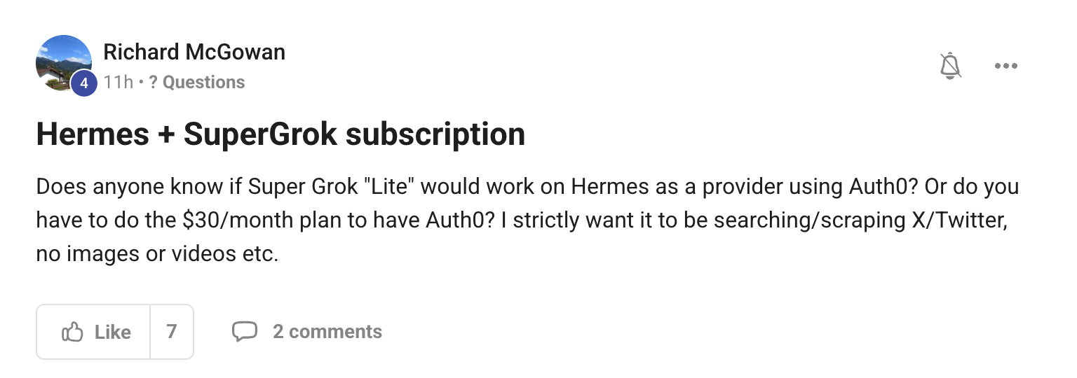 Richard McGowan asks whether SuperGrok Lite works on Hermes using Auth0, or if the $30 plan is required, for X/Twitter scraping only