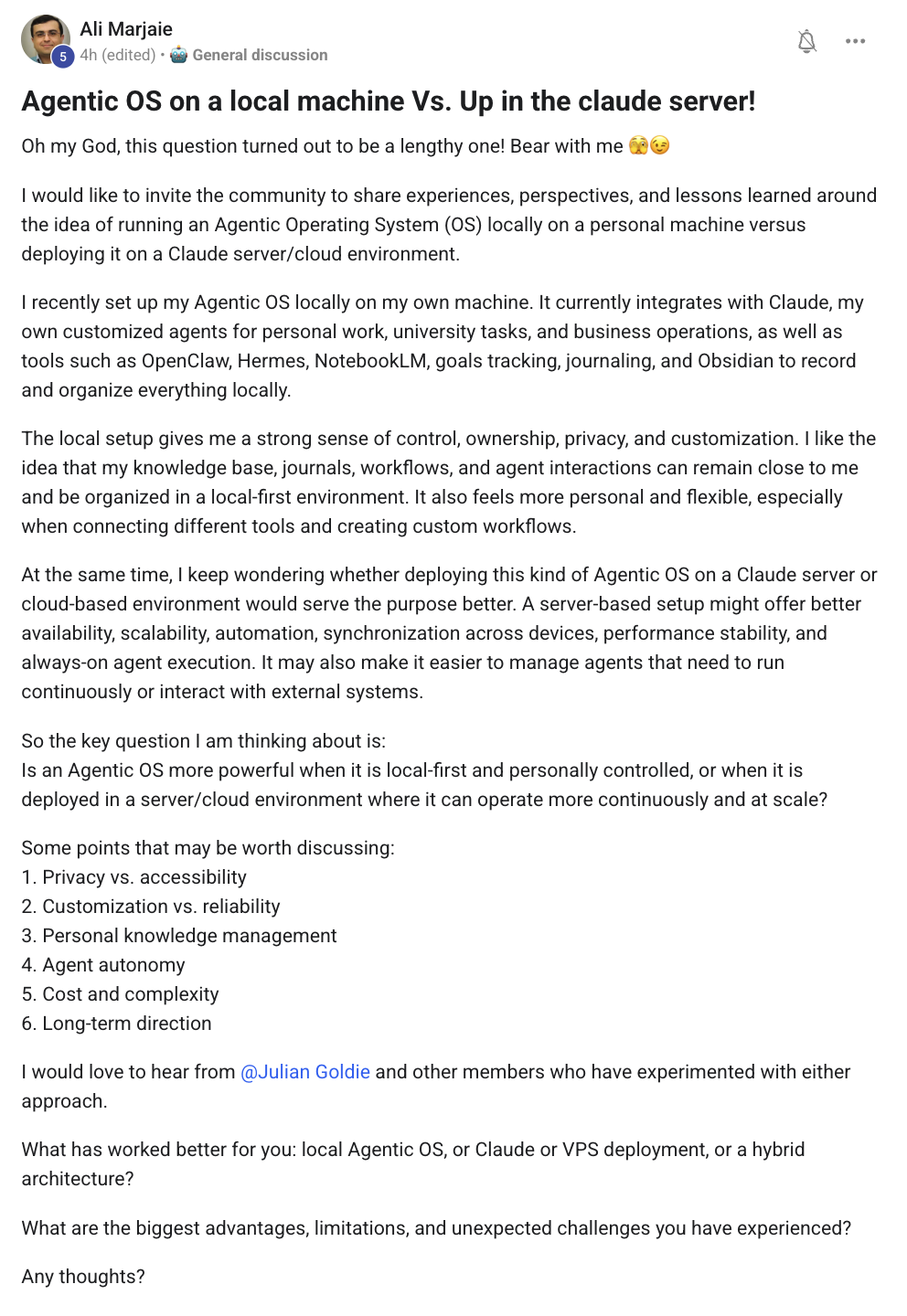 Ali Marjaie's lengthy one-pager comparing local-machine vs cloud-server deployment of an Agentic OS — covering privacy, customization, personal knowledge, performance stability, cost, long-term direction