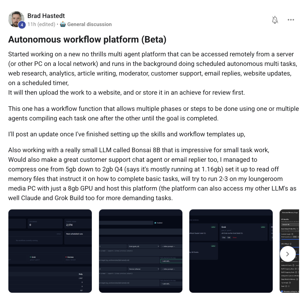 Brad Hastedt's post — autonomous workflow platform (Beta) accessing remote agents, doing autonomous multi tasks, web research, analytics, article writing, moderator, customer support, email replies, website updates
