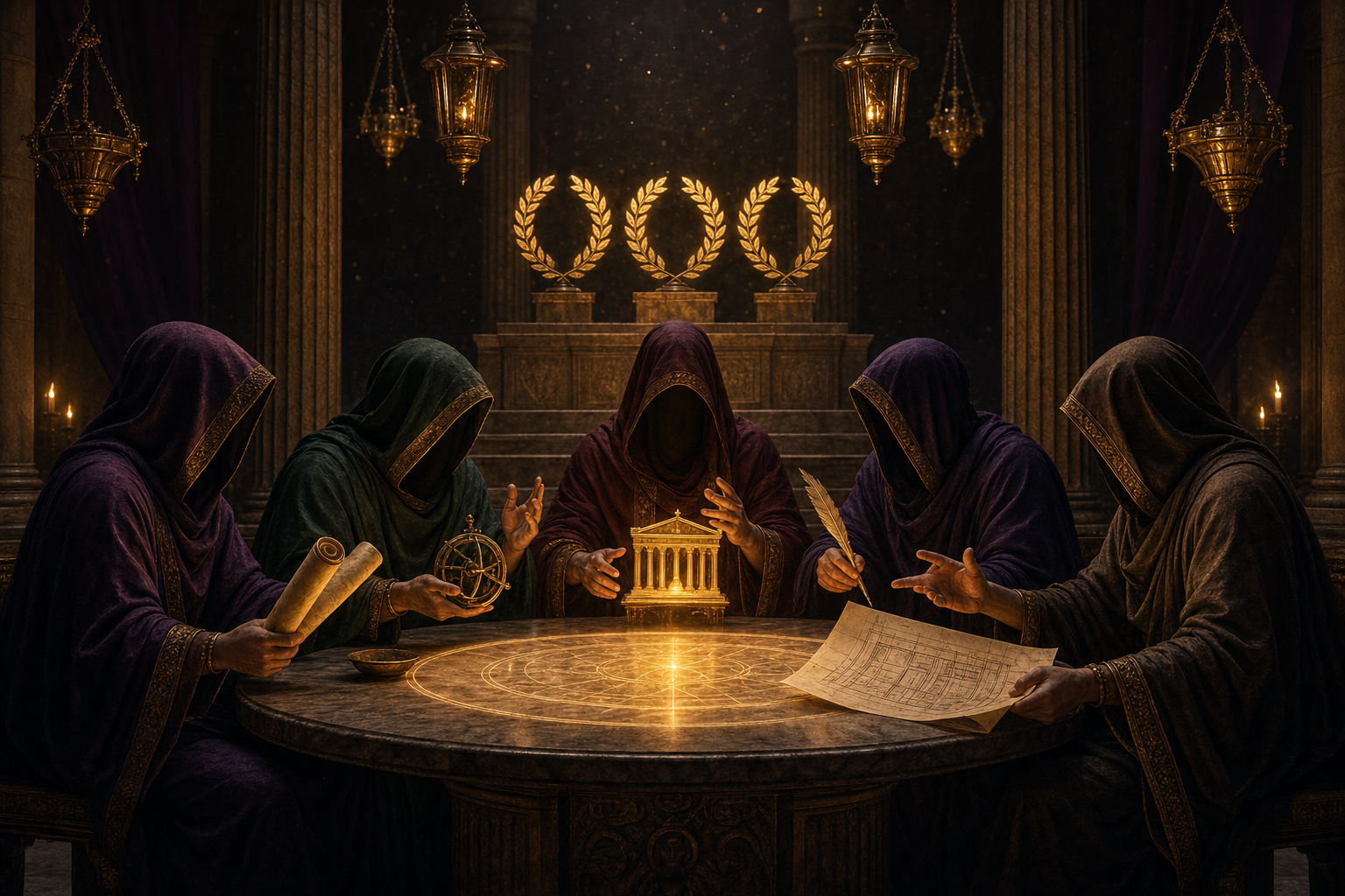 Five robed figures seated around a glowing marble round-table inside a candle-lit temple chamber — the Socratic Society at work, with three laurel wreaths glowing on a pedestal behind them