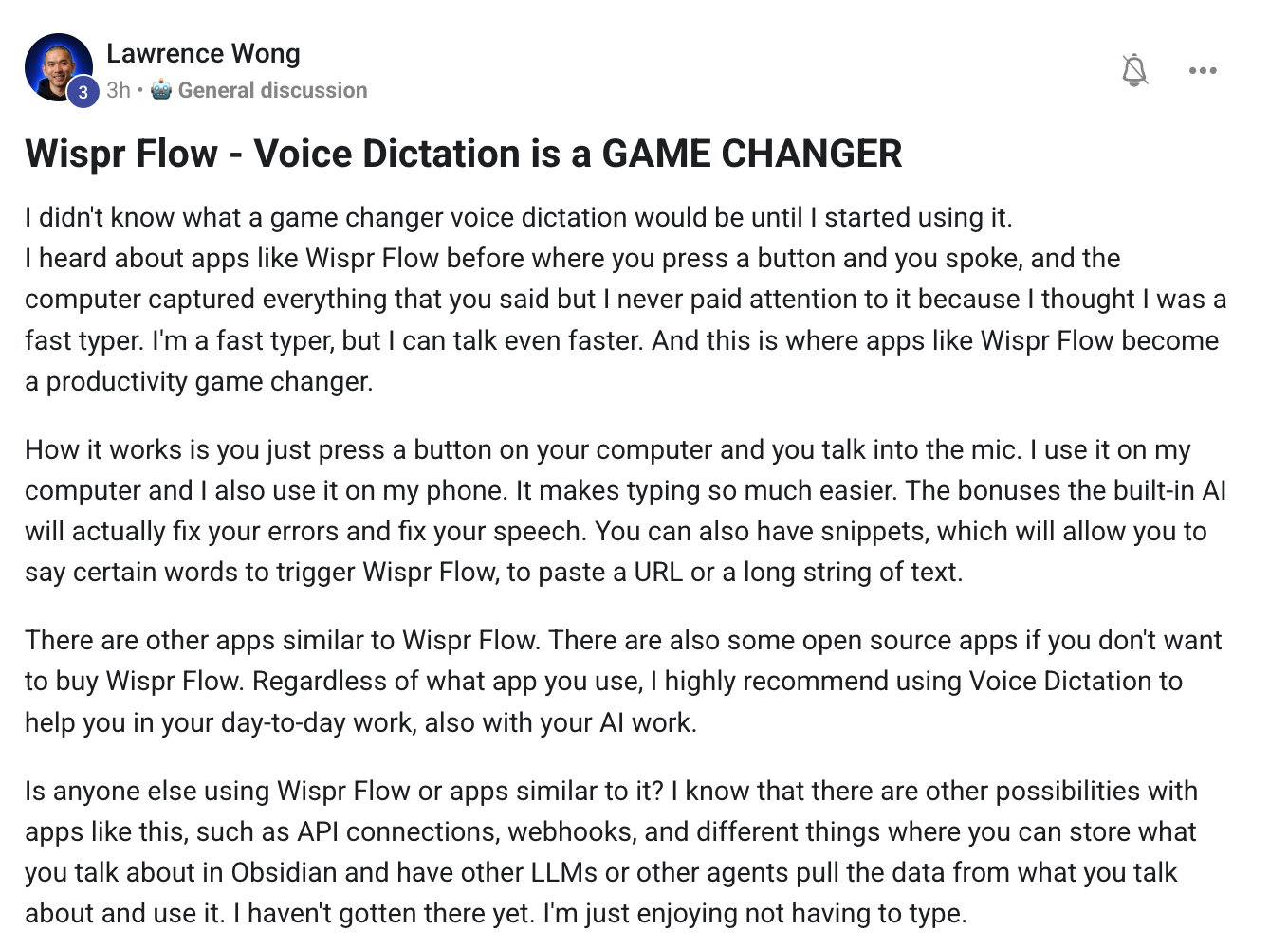 Lawrence Wong's post about Wispr Flow voice dictation being a game changer — using it for laptop typing, phone typing, with built-in AI fixing errors and speech