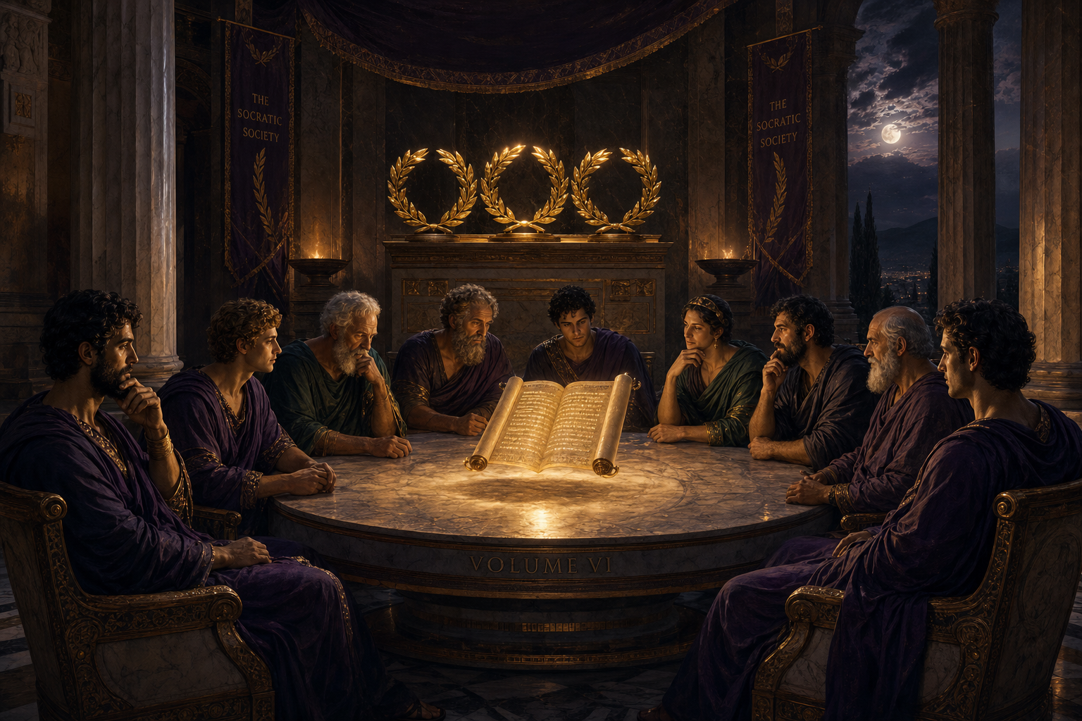 Nine robed figures seated around a glowing marble round-table inside a Greek temple chamber — the Socratic Society at full assembly for Volume VI, with three crowned laurel wreaths gleaming on a pedestal behind them
