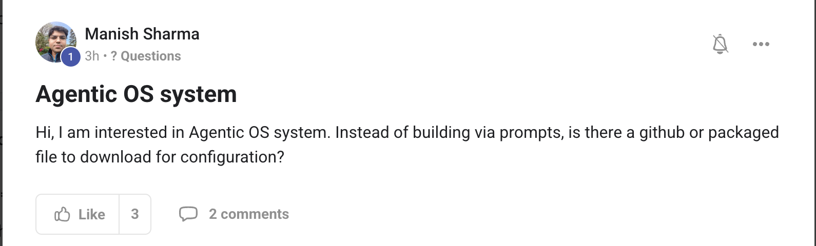 Manish Sharma asks if instead of building via prompts, there is a GitHub or packaged file to download for Agent OS configuration