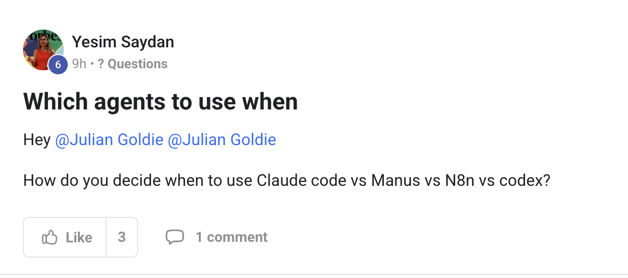 Yesim Saydan asks how to decide when to use Claude Code vs Manus vs n8n vs Codex