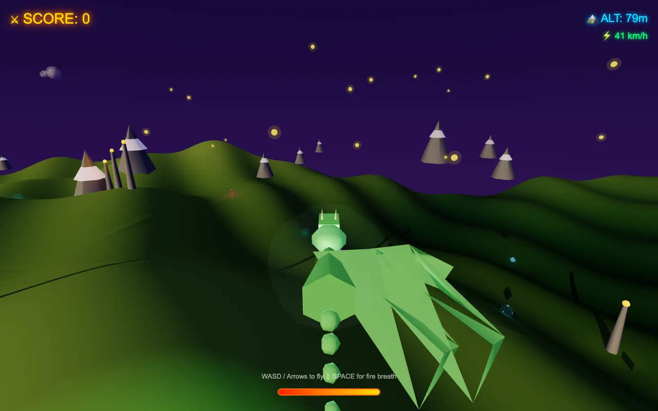 A 3D dragon flight game Qwable built — a green low-poly dragon over rolling hills