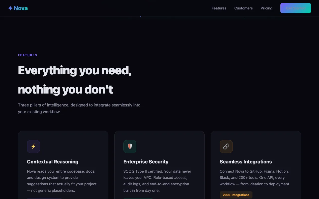 A SaaS landing page Qwable built for a fictional AI app called Nova