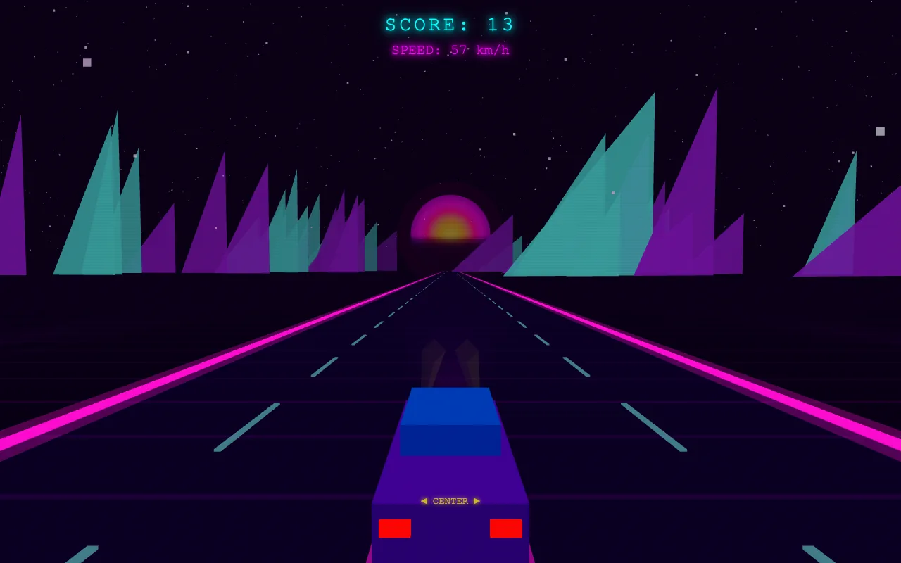 A 3D synthwave racer Qwable built — neon road, retro sun, mountains