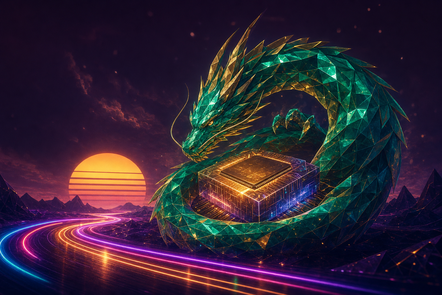 A glowing emerald low-poly dragon coiled around a luminous silicon chip with a neon synthwave racetrack and retro sun — representing Qwable running locally on Apple silicon