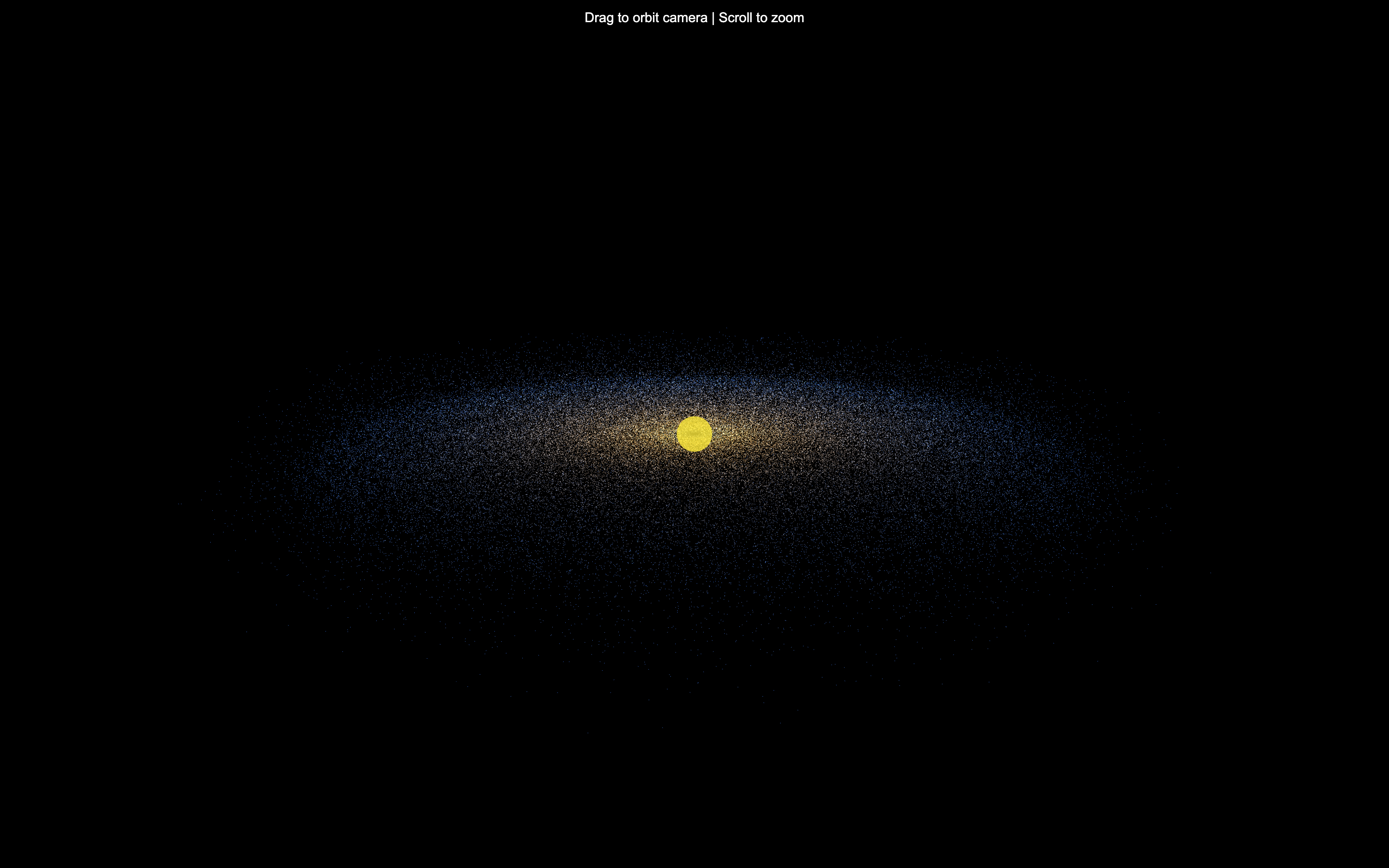 A spiral galaxy simulation built entirely by Qwen 3.8 Max on the GoldieBench test