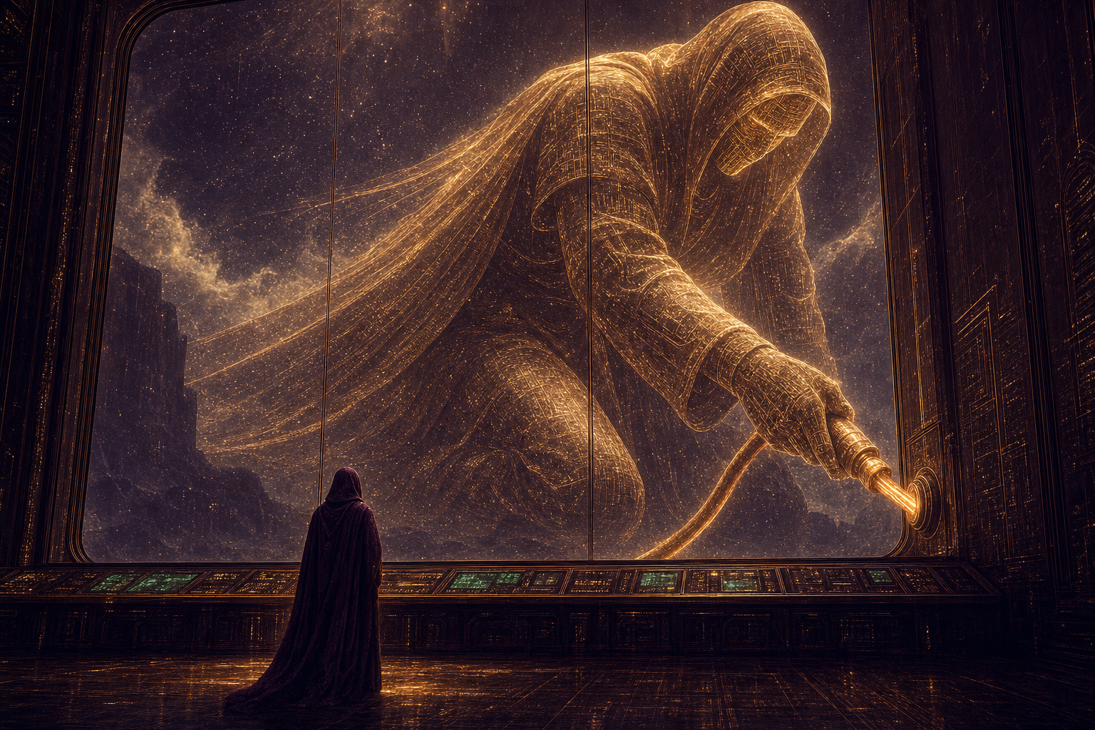 A colossal titan formed of golden circuitry, fully draped in a flowing robe of woven light, plugging a giant glowing cable into a control room wall while a small operator in a full-length hooded robe watches from an amber control desk