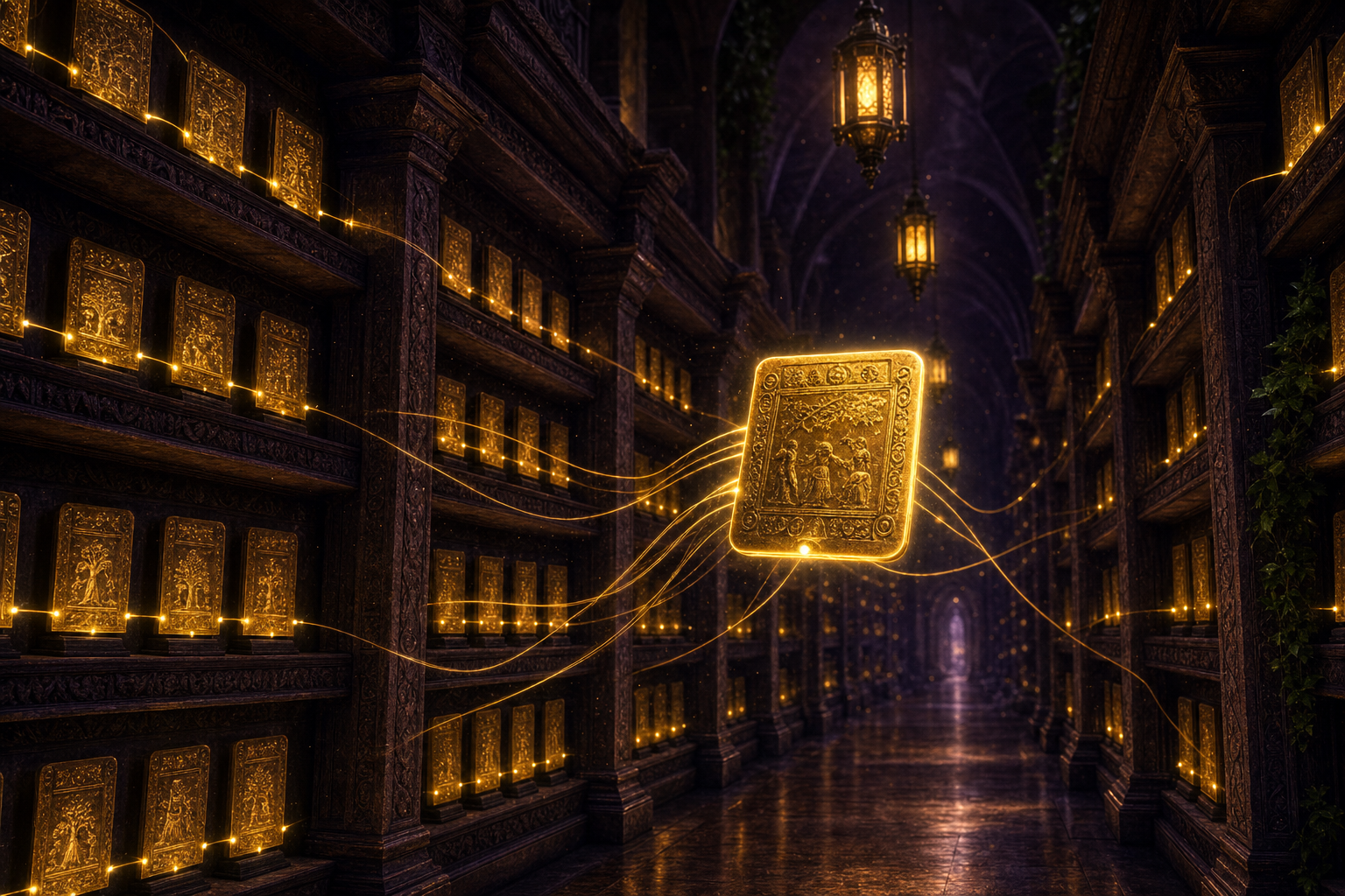 A grand stone archive vault — rows of carved shelves holding glowing brass tablets, with one tablet floating out of its shelf glowing brighter than the rest — reused cached prompts